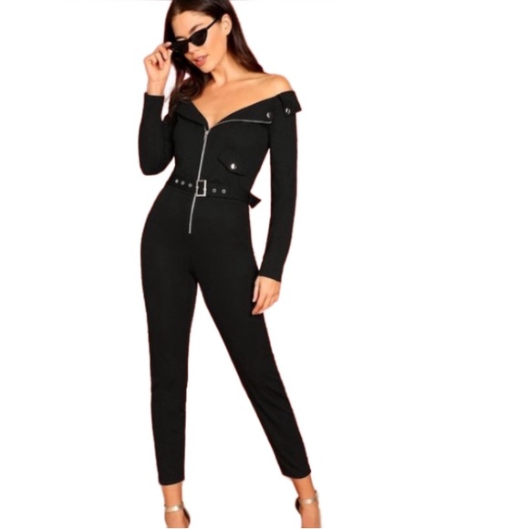 SHOP 17 Pants - BLACK ZIP DETAIL SELF BELTED UTILITY JUMPSUIT SIZE SMALL